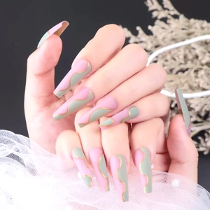 Green Gold Line Coffin Press On Nails