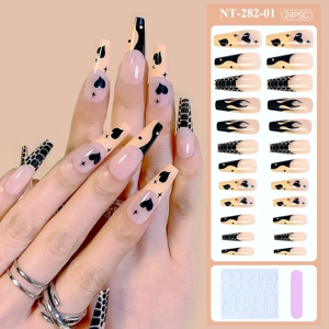 Long Ballerina Peach Black Hearts Press On Nails