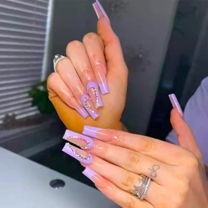 Purple Heart Rhinestone Press On Nails