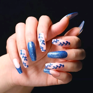 Blue Flower pattern Coffin Press On Nails