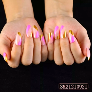 Almond Pink & Gold pattern Press On Nails