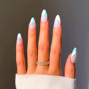 Almond blue line French Tip Press On Nails
