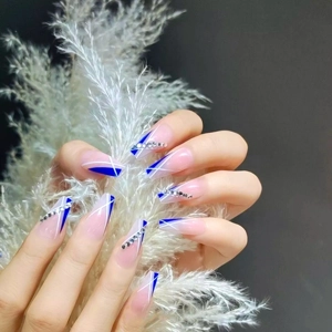 Blue Striped Rhinestone False Nails F