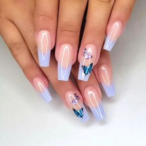 Blue Butterfly French Ballerina Nails Press On Nails 24pcs