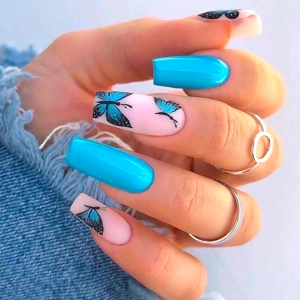 Light Blue Black Butterfly Pattern Press On Nails 24pcs