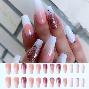 Pink Glitter French Ballerina Press On Nails