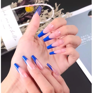 Blue French Tips Long Press On Nails