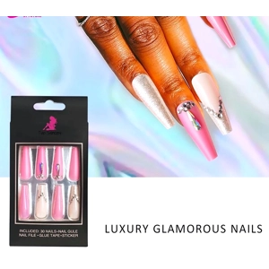 Luxury Pink & Cream Press On Nails With Diamond