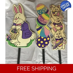 Vintage Happy Easter Yard Stake Sign Set