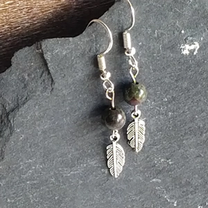Earthy Bloodstone Angel Feather Drop Earrings
