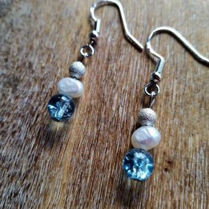 earrings, crystal beads, blue topaz, white pearls, silver earring hooks