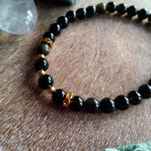 Golden obsidian beads, Elasticated, Black crystal beads