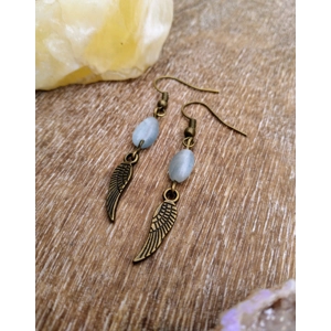 Angelite feather earrings on antique bronze