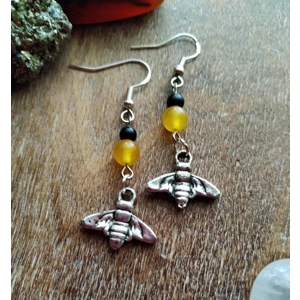 Handmade Bee charm honey jade and black jade earrings