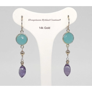 14k Gold Chalcedony and Amethyst Dangle Drop Earrings