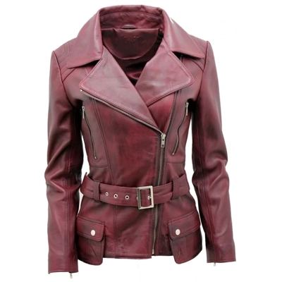 Burgundy Womens Long Leather Biker Jacket-Quito Burgundy Womens Long Leather Biker Jacket-Quito