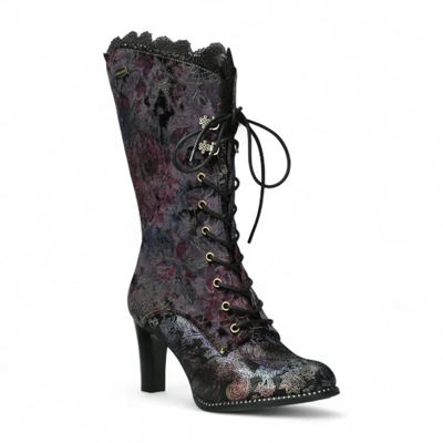 Laura Vita Alcbane 0351 Violet Floral Womens Gothic Victorian Leather Heeled High Boots Laura Vita Alcbane 0351 Violet Floral Womens Gothic Victorian Leather Heeled High Boots