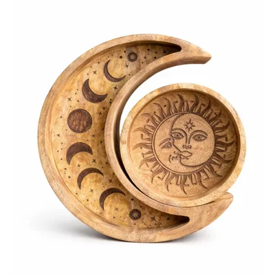 Moon & Round Shaped Wooden Crystal Tray