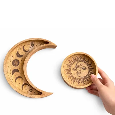 Moon & Round Shaped Wooden Crystal Tray Moon & Round Shaped Wooden Crystal Tray
