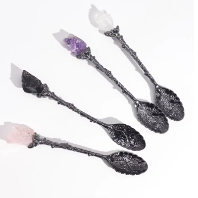 Set of 7 Dark Silver Gemstone Crystal Witch Spoons