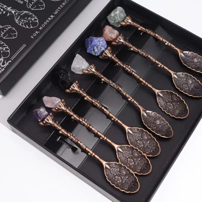 Set of 7 Bronze Gemstone Crystal Witch Spoons Set of 7 Bronze Gemstone Crystal Witch Spoons