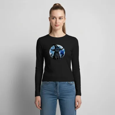 Black Witch's Cat Amongst The Night Sky Women's Slim Fit Longsleeve by Ceridwen Mystics