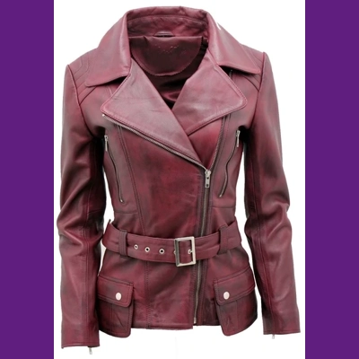 Burgundy Womens Long Leather Biker Jacket-Quito