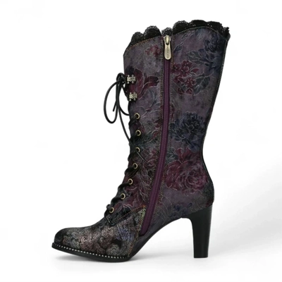 Laura Vita Alcbane 0351 Violet Floral Womens Gothic Victorian Leather Heeled High Boots Laura Vita Alcbane 0351 Violet Floral Womens Gothic Victorian Leather Heeled High Boots