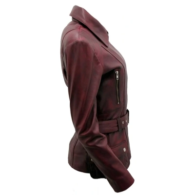 Burgundy Womens Long Leather Biker Jacket-Quito Burgundy Womens Long Leather Biker Jacket-Quito