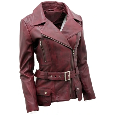Burgundy Womens Long Leather Biker Jacket-Quito Burgundy Womens Long Leather Biker Jacket-Quito