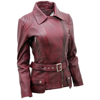 Burgundy Womens Long Leather Biker Jacket-Quito Burgundy Womens Long Leather Biker Jacket-Quito