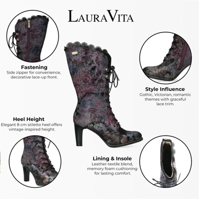 Laura Vita Alcbane 0351 Violet Floral Womens Gothic Victorian Leather Heeled High Boots Laura Vita Alcbane 0351 Violet Floral Womens Gothic Victorian Leather Heeled High Boots