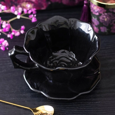 Dark Romance Tea Set - Two Elegant Teacups and a Black Rose Trinket Dish