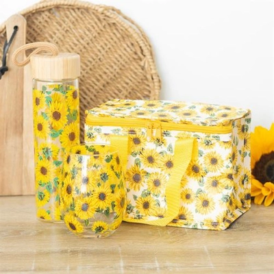 Sunflower Print Glass Water Bottle, Glass & Lunch Bag