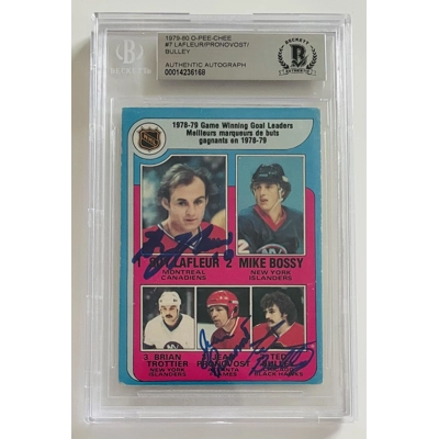 NHL 1979-80 O-PEE-CHEE #7 TRIPLE SIGNED CARD by GUY LAFLEUR, JEAN PRONOVOST and TED BULLEY ENCAPSULATED and BECKETT CERTIFIED NHL 1979-80 O-PEE-CHEE #7 TRIPLE SIGNED CARD by GUY LAFLEUR, JEAN PRONOVOST and TED BULLEY ENCAPSULATED and BECKETT CERTIFIED
