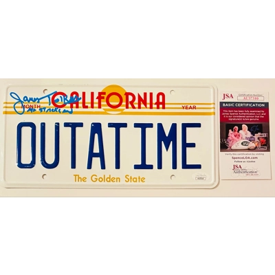 BACK TO THE FUTURE LICENSE PLATE SIGNED by JAMES TOLKAN w/insc and JSA CERTIFIED3*