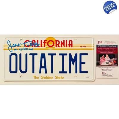 BACK TO THE FUTURE LICENSE PLATE SIGNED by JAMES TOLKAN w/insc and JSA CERTIFIED1