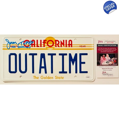 BACK TO THE FUTURE LICENSE PLATE SIGNED by JAMES TOLKAN w/insc and JSA CERTIFIED2