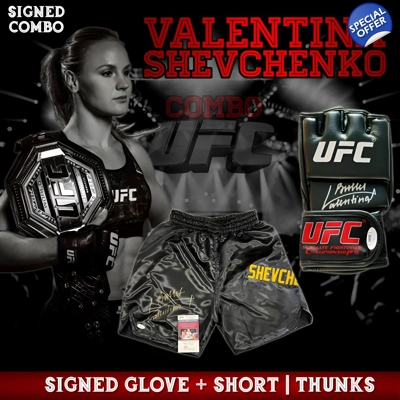 VALENTINA SHEVCHENKO COMBO SIGNED UFC SHORT/THRUNKS & GLOVE & JSA CERTIFIED COA VALENTINA SHEVCHENKO COMBO SIGNED UFC SHORT/THRUNKS & GLOVE & JSA CERTIFIED COA