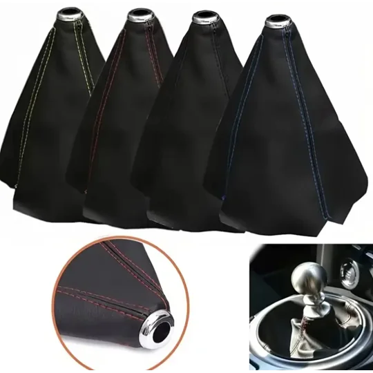 different Coloured thread options for faux black leather gear gaiter covers. yellow, red, blue and black