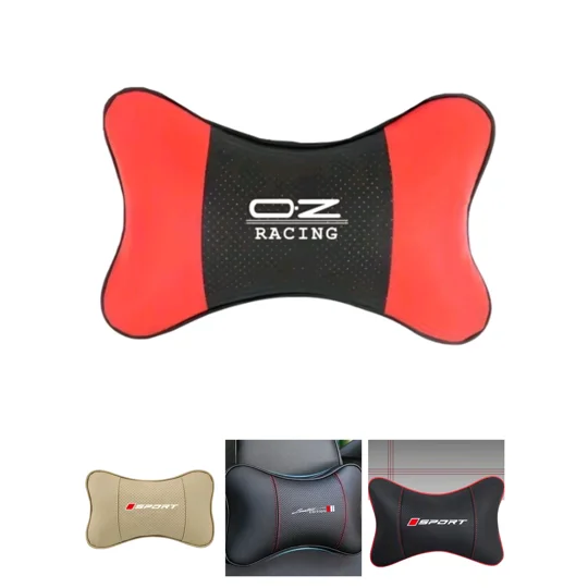 a collage of 4 black, red and cream soft pvc car headrest pillows with various designs on them. one is oz racing printed in white with red and black stitching, sport printed in white on cream with black stitching, sport printed in white on black with red stitching and limited edition printed in white with black stitching and red stitching