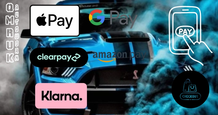 ford mustang blue smoke background with checkout pay with googl pay, amazon pay, apple pay, klarna and clearpay symbols