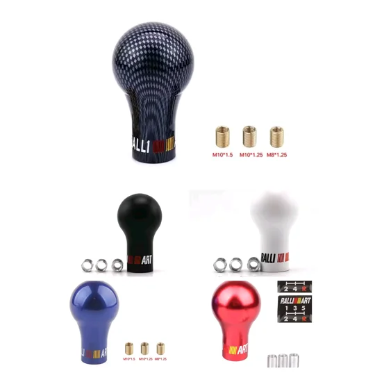 various colours of ralliart resin gear shifter knobs for cars. colours are red, blue, black, white and carbon effect