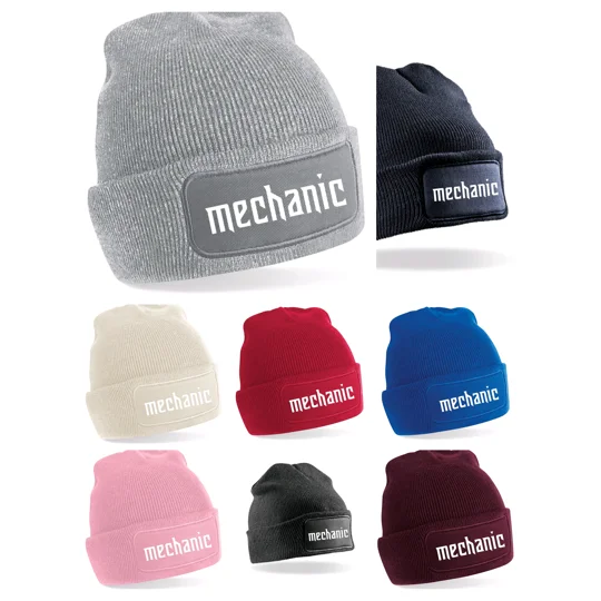 various coloured beanies with mechanic printed in white text, beanies colours of blue, navy, black, light grey, burgendy red, almond, red, and pink