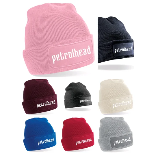 various coloured beanies with petrolhead printed in white text, beanies colours of blue, navy, black, light grey, burgendy red, almond, red, and pink