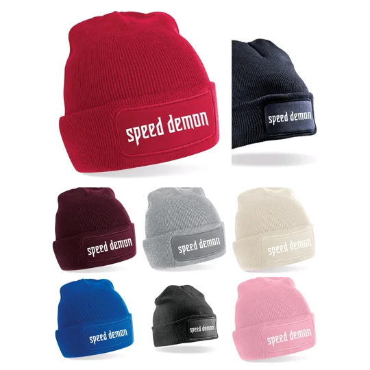 various coloured beanies with speed demon printed in white text, beanies colours of blue, navy, black, light grey, burgendy red, almond, red, and pink