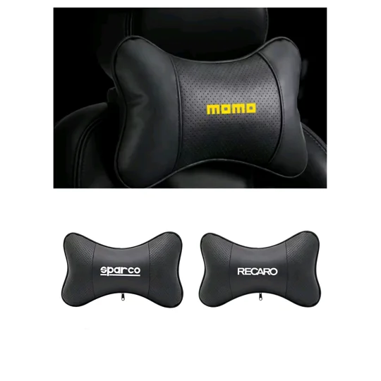 a collage of 3 black soft pvc car headrest pillows with various designs on them. one is momo printed in yellow with red stitching, sparco printed in white with black stitching and recaro printed in white with black stitching