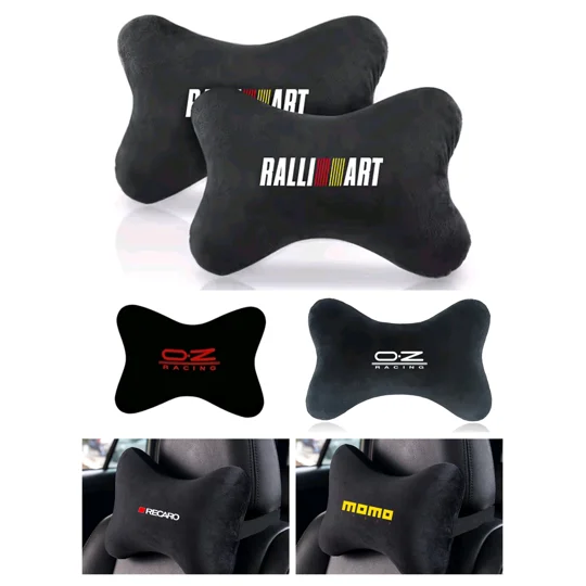 variety of memory foam car headrest pillows, all black but with different coloured printed and logos. ralliart standard coloured logo in white, red and yellow, momo printed in yellow, recaro printed in white, oz racing printed in white and oz racing printed in red