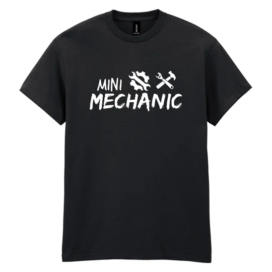 kids black tshirt with white image and text reading mini mechanic with a spanner and gears image