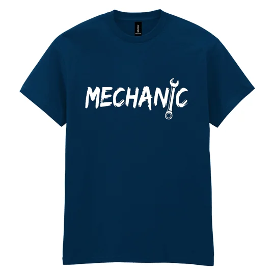 navy blue tee with white print reading mechanic with a spanner as the 'i'